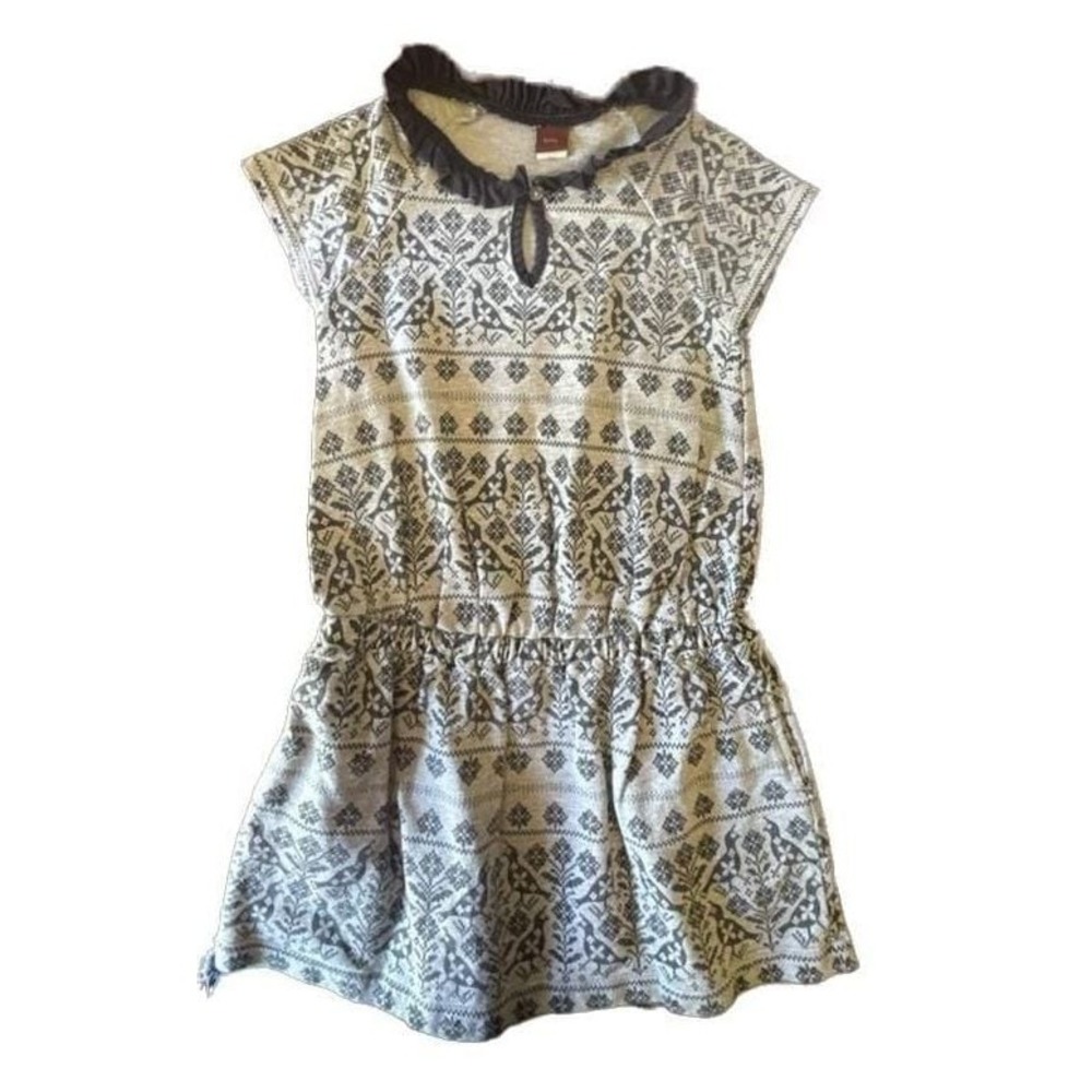 Tea Collection Girls Gray + Black Bird Ruffle Collar Dress w/ Pockets Size 4